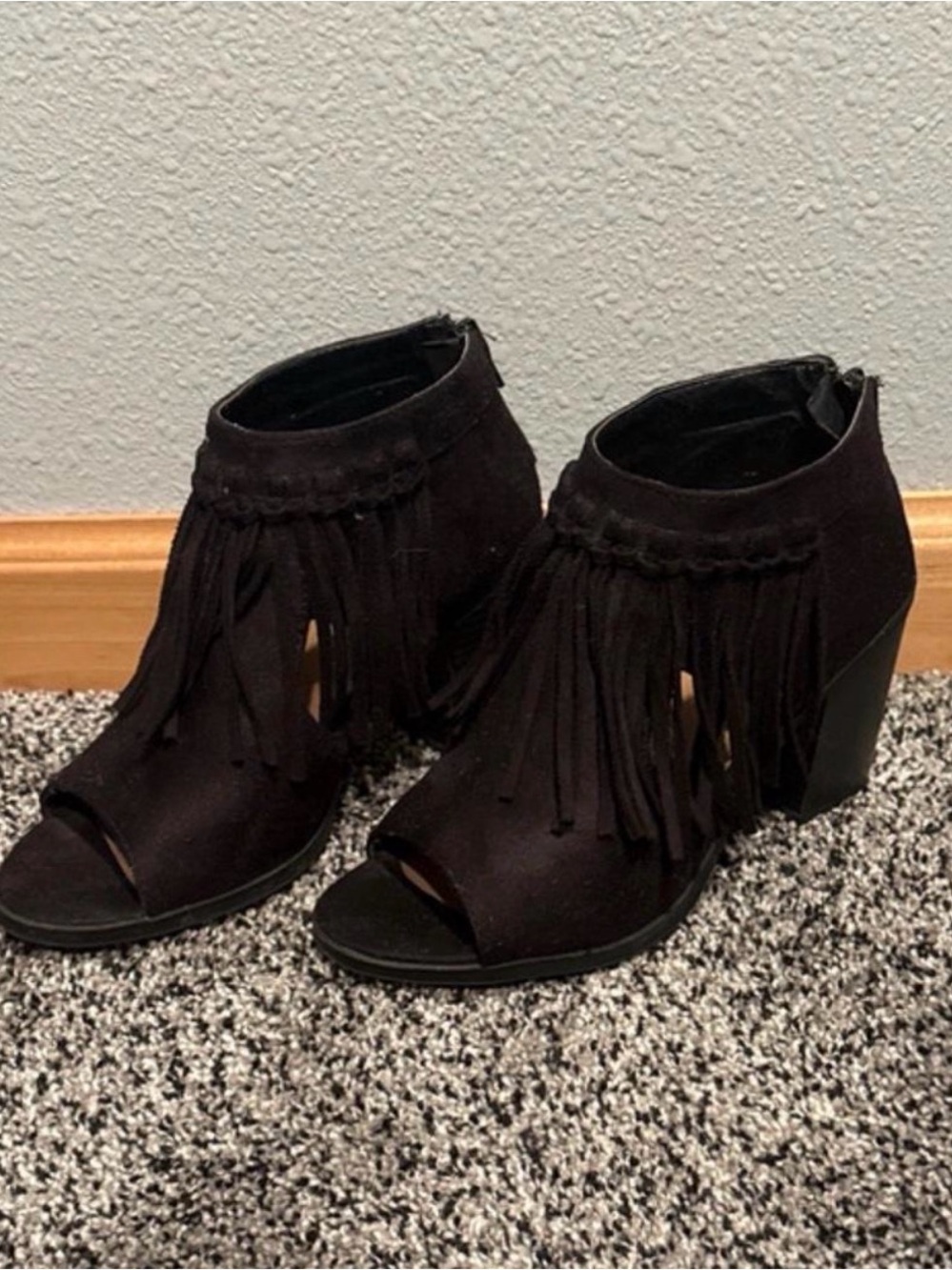 SODA Fringe Peep Toe Ankle Booties in Black